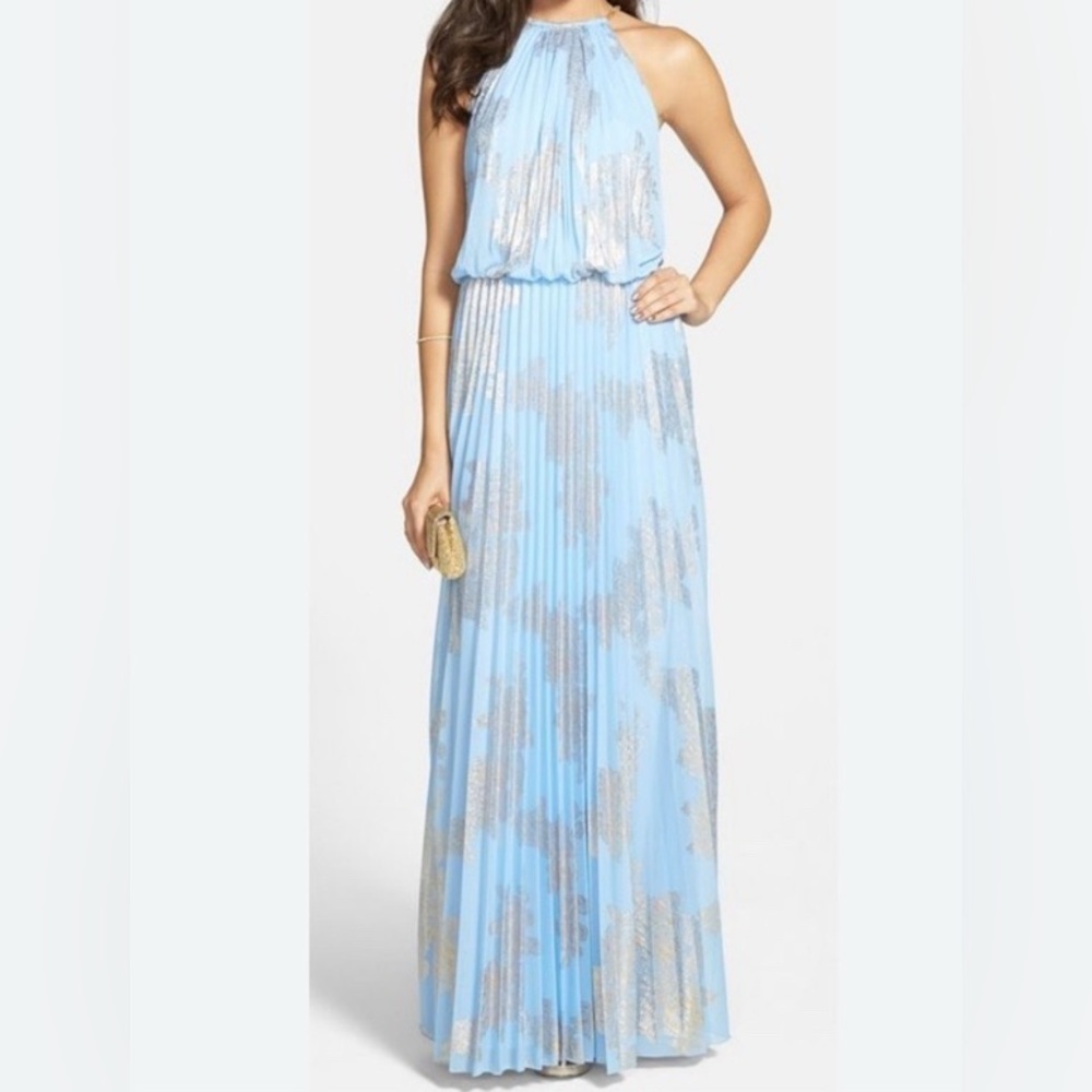 NWT XSCAPE dress light blue and gold. Blouson chain halter pleated gown